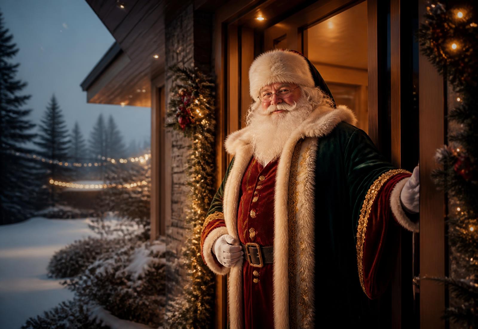 A professional Santa performer greeting a family at their front door on a snowy evening